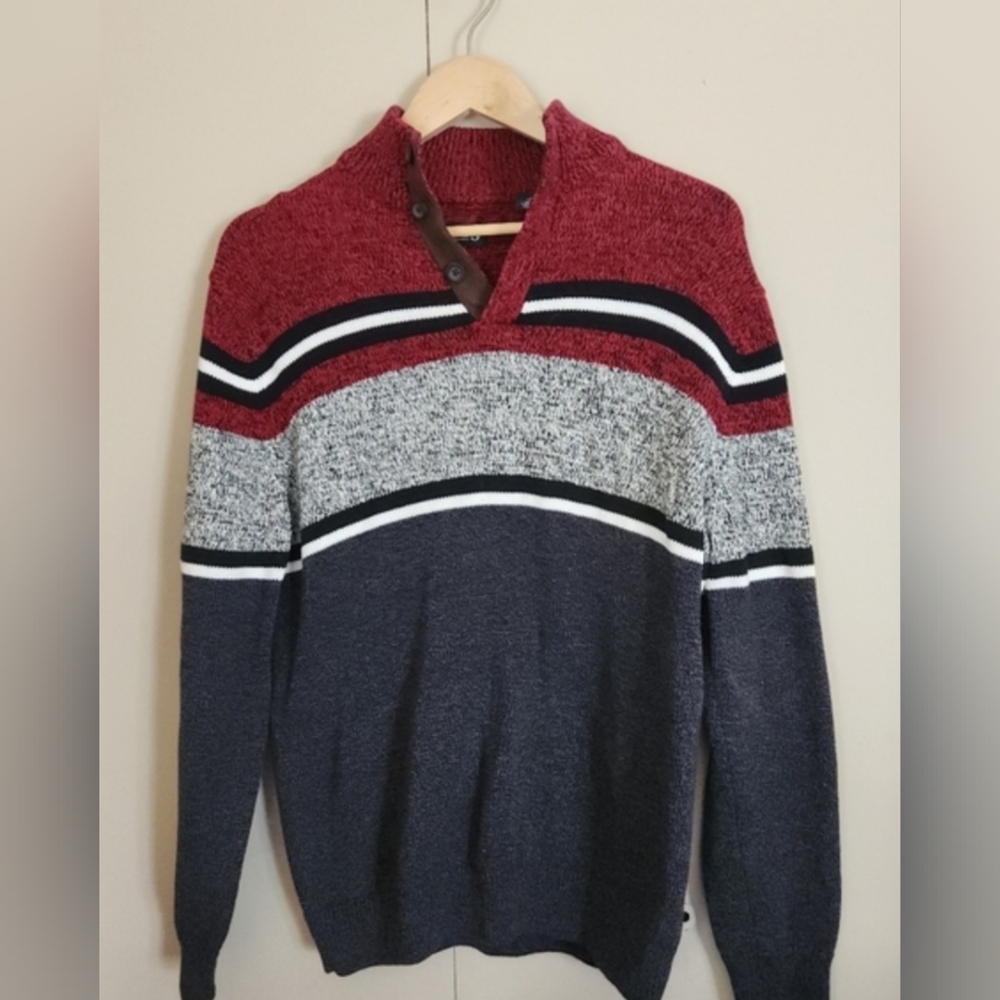 S7 CHAPS Men's Red, Gray, Black Colorblock 1/4 Button Mock Neck Collar Sweater